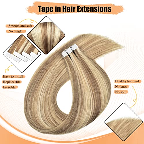 Tape In Hair Extensions Straight Skin Weft 14 Inch - Camel Brown Mix with Blonde - 20 Pieces