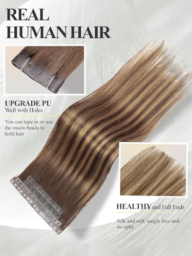 Hair Extensions T4/27 Honey Blonde Highlight 12 Inch 30g - Invisible PU Tape-in, Remy Human Hair, Beaded & Glueless - Female