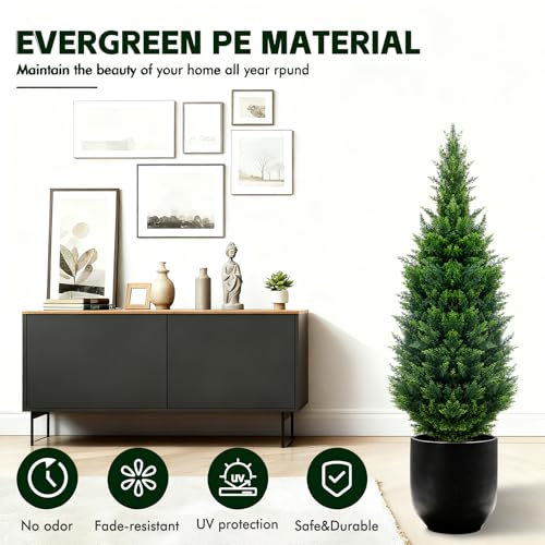 GZFDY 3Ft Artificial Cedar Topiary Trees (2-Pack) with Ground Spikes - UV-Resistant Indoor & Outdoor Faux Shrubs, Green Ground Spike Cedar-2pcs