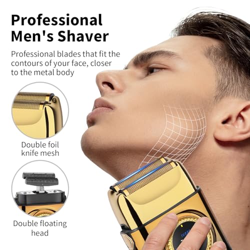 KEMEI KM-T228 Foil Shaver, Electric Razor for Men with Round Large LED Display (Motor Speed & Remaining Time), 3-Speed (6500/7000/7500 RPM), USB-C Charging, Dual Foil & Blade Heads, Travel Razor Men