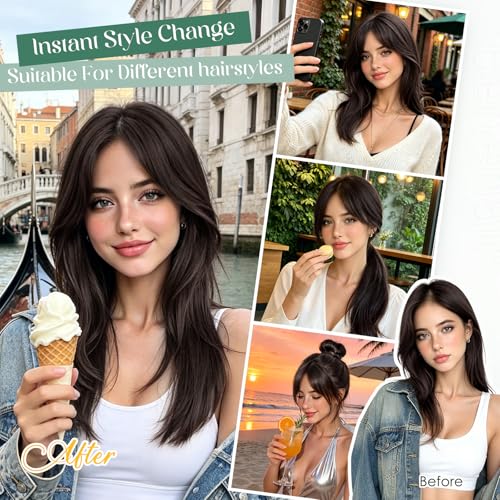 Dark Brown Human Hair Topper with Bangs - 11 Inch Clip-In Hairpiece for Thinning Hair, Side Bang Style