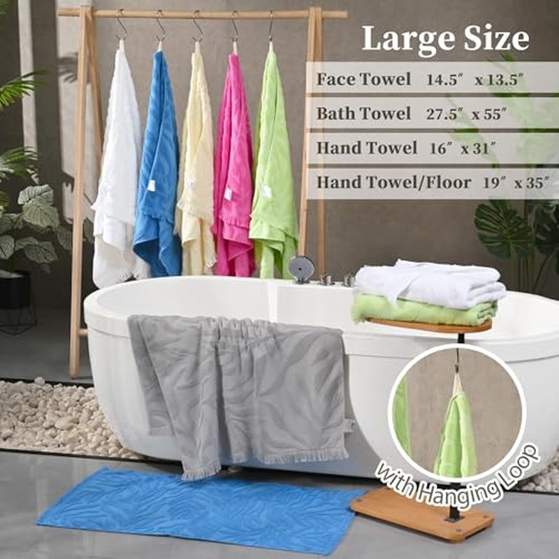 Luxury Jacquard Monstera Washcloths with Tassels, 4PC ? 100% Cotton Ultra-Absorbent & Quick Dry 13x13 Inch, Guest Bathroom & Facial Towels ? 520GSM Thick White Towel Set, Premium Bath Essentials