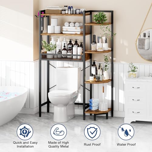 Roxibelt Rustic Brown Over Toilet Storage Shelf 7-Tier with Basket & Hooks