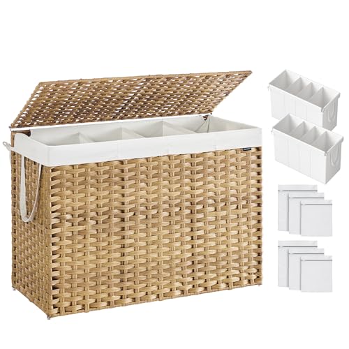 Laundry Hamper with Lid 200L 4-Section Wicker Basket + Mesh Bags - Natural