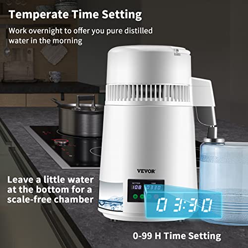 Water Distiller 1.1 Gal - White, 750W Countertop Purification Machine with Timer