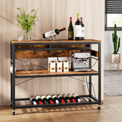 Kitchen Island with Power Outlet, Folding Top & Wine Rack, Movable, Rustic Brown