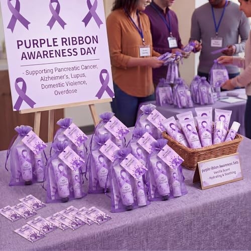 Purple Ribbon Awareness Gift Set - Lip Balm & Hand Cream Set with Organza Bags & Cards - 30 Sets