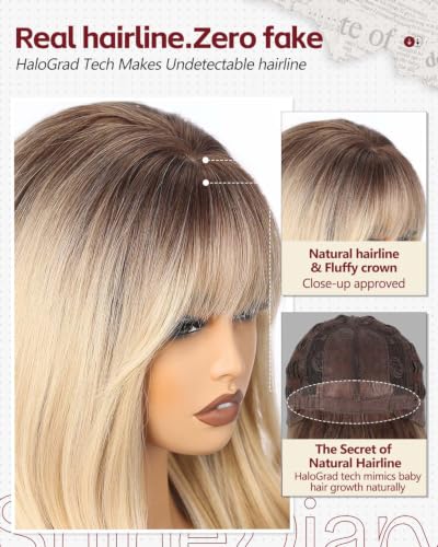 Rooted Honey Blonde Wig with Bangs - 24 inch Wavy Voluminous High Crown Style for Women, Realistic Scalp, Easy Shake & Wear, SHINEDIARY