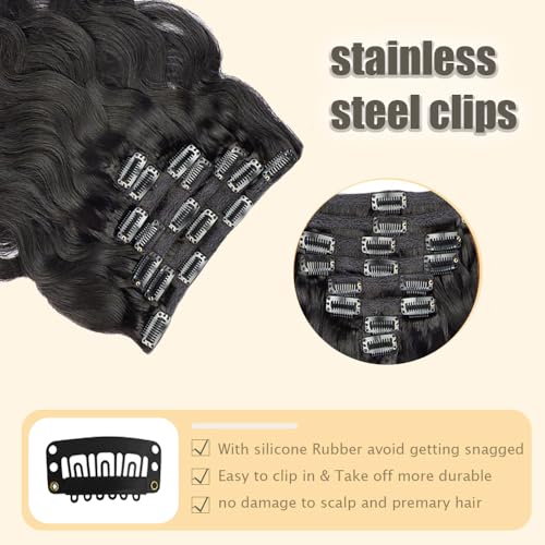 Clip in Hair Extensions 20 Inch Natural Black Human Hair Seamless Body Weft - Black CP-Pure Black-B