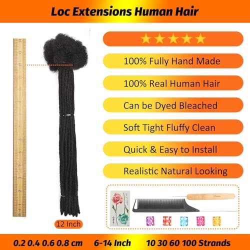 LIKIMIYA 12 Inch Human Hair Loc Extensions 0.2cm Thickness - 10 Strands, Natural Black