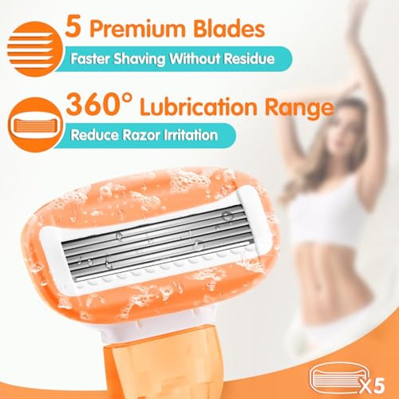 DreamGenius Travel Razors for Women Include 1 Handle and 5 Cartridges, Extra Smooth 5-Blade Travel Essentials Razor with Case for Shaving, Orange