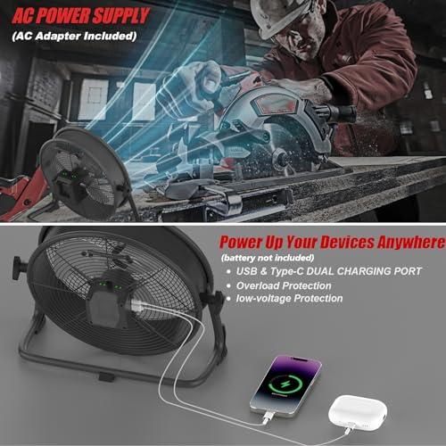 16-Inch Battery Powered Cordless Floor Fan - Red Compatible with Milwaukee M18