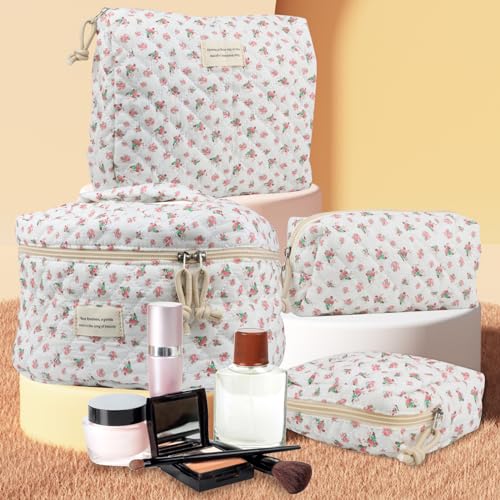 Large Cotton Quilted Makeup Travel Bag with Floral Design - Red Rose, 4-Piece Set - Women's Organizer