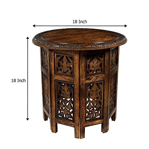 Antique Brown Hand-Carved Wood End Table - Folding Accent Side Table, 18x18 inches