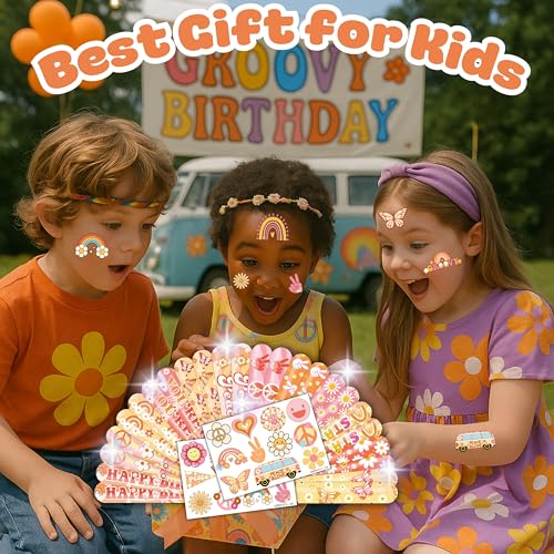 48PCS Groovy Party Set - 24PCS Temporary Tattoos & 24PCS Slap Bracelets - 70s Retro Birthday Supplies, Baby Shower Gifts, Classroom Rewards & Party Decor for Kids (Boys & Girls)