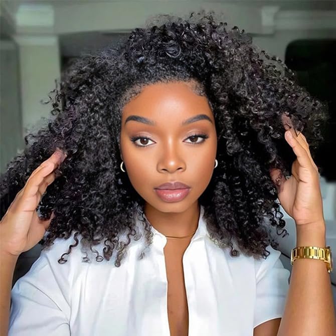 Moxuan Afro Curly 20in Half Wig - Glueless 3-in-1 Drawstring Clip-in Headband, Natural Black