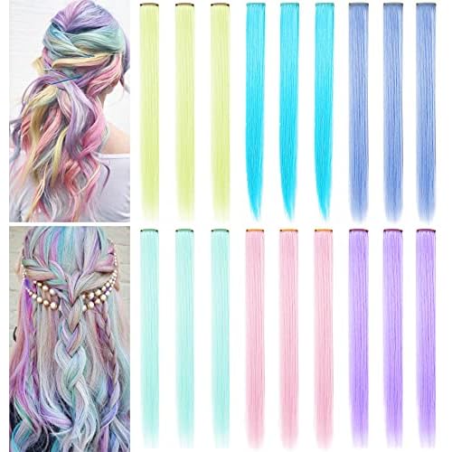18 PCS Colored Hair Extensions 21Inch Heat-resistant Synthetic Straight Hair Extensions Clip in,Hair Accessories for Girls Holiday Party Hair Highlights Women Wig Pieces (Multi-colored)