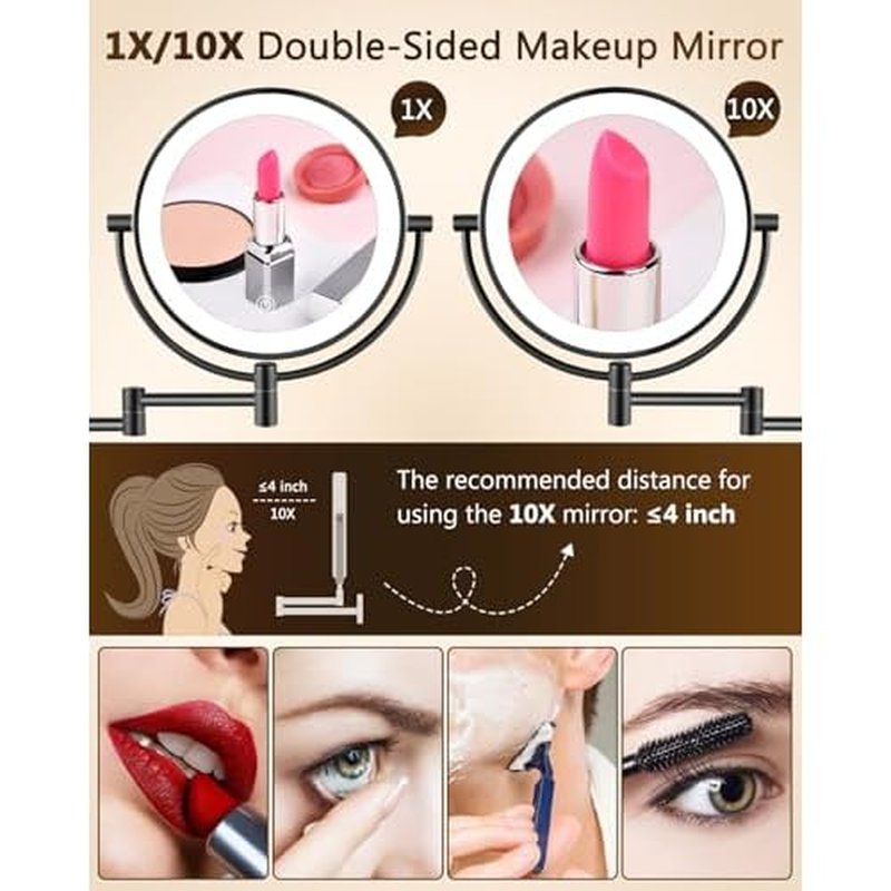 ALHAKIN 9" Wall Mounted Lighted Makeup Mirror, Large Double Sided 1X/10X Magnifying Mirror with 3 Color Lights Dimmable, 360¡Æ Rotation, Black