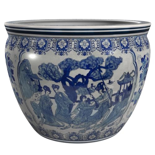Ladies Blue 12-Inch Porcelain Fishbowl Planter - Traditional Chinese Style Decor