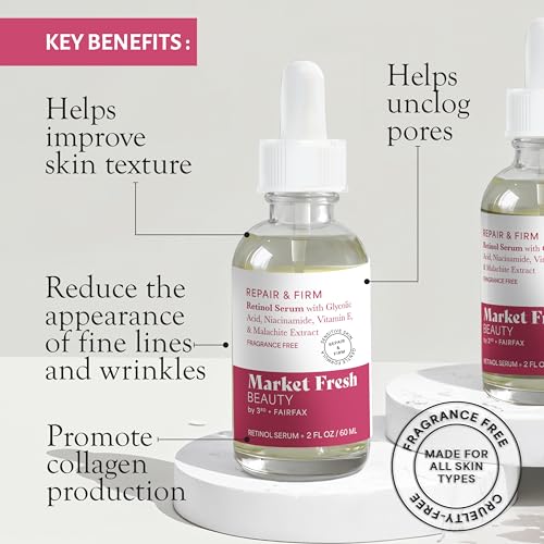 Retinol Repair & Firm Serum with Niacinamide, Glycolic, Ferulic Acid | Fragrance-Free | 2 fl oz