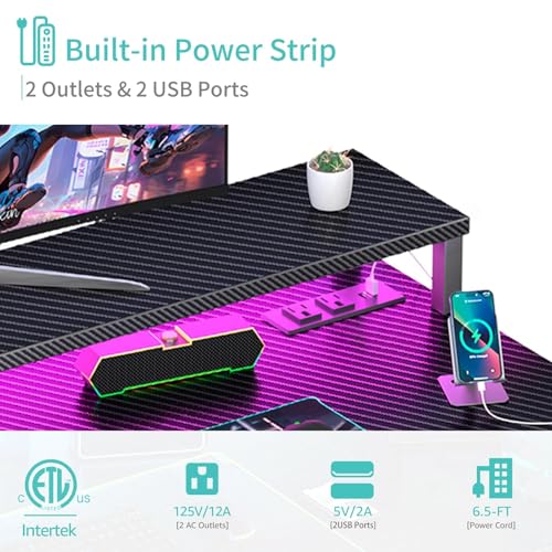 Lufeiya 40-Inch Gaming Desk with LED Lights & Power Outlets - Carbon Fiber Black