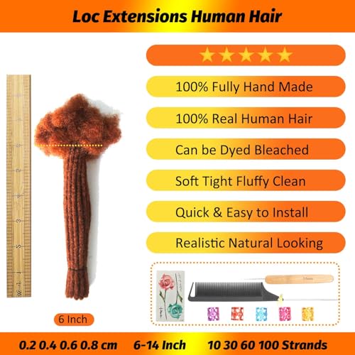 6 Inch 30 Locs Human Hair Dreadlock Extensions - Orange Ginger Red Locs