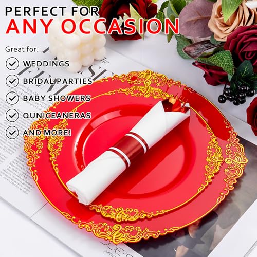 Joyido Red Classic Heavy Duty Pre Rolled Plastic Silverware Set 400PCS for Weddings