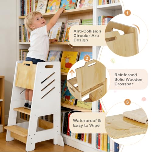 Toddler Kitchen Tower Step Stool with Sliding Panel - White, 3-Level Adjustable & Safety Features