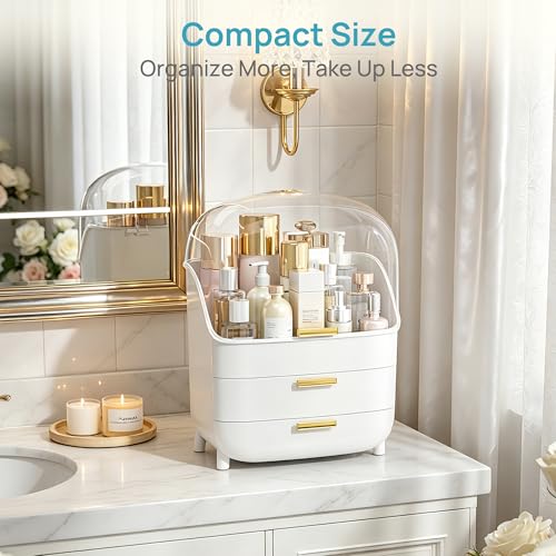 Vtopmart 3-Tier White Makeup & Skincare Organizer with Drawer & Dustproof Lid