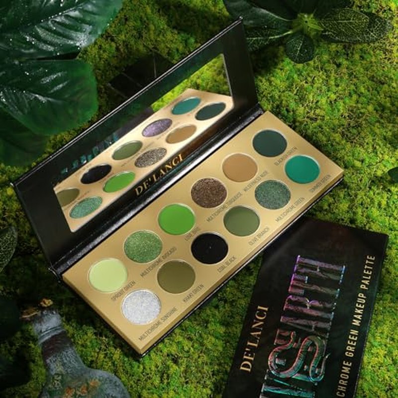 DE'LANCI Olive Green Eyeshadow Palette Multichrome, Ultra-Pigmented Chrome Brown Green Eye Shadow for Green Eyes Makeup, Matte Shimmer Dark Lime Emerald Eyeshadow Pallet for Goth Cos Christmas Makeup
