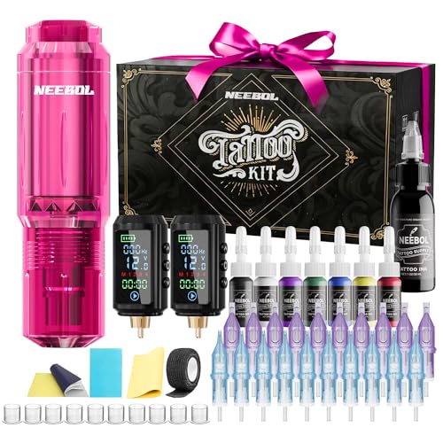 Pink Wireless Tattoo Gun Kit with Dual 1600mAh Batteries for Beginners & Artists - Large