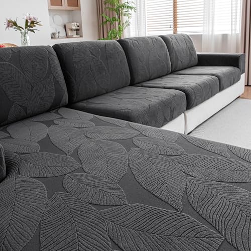 QIANMEW Dark Gray Leaf Pattern 3 Seat Covers + 1 Chaise L-Shaped Couch Cushion Covers (4pcs)