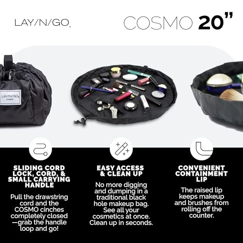 Lay-n-Go Cosmo Layflat Drawstring Cosmetic & Makeup Bag Organizer w/Zipper Pocket, Brush Loops & More, Cinch to Close, Lay Flat to Use, Durable, Machine Wash, Travel Toiletry Bag (22", Leopard)