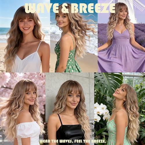 Long Blonde Wavy Wig with Bangs - 26 Inch Ombre Highlights for Women
