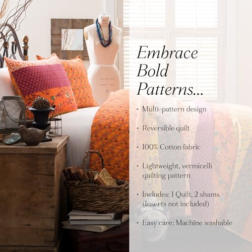 King Reversible Cotton Quilt Set - Tangerine Striped & Floral Bedding - Boho Decor