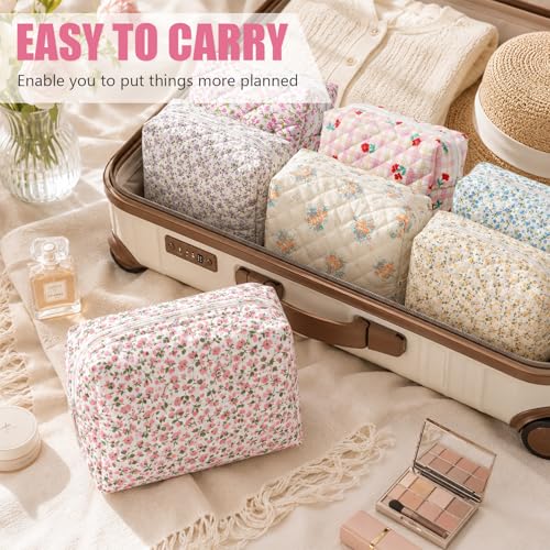 Giesiery Floral Cotton Quilted Makeup Bags Set of 8 Travel Cosmetic Pouches