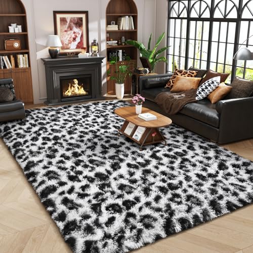 Amearea 6x9 White Fluffy Leopard Rug - Premium Cheetah Print Area Rug