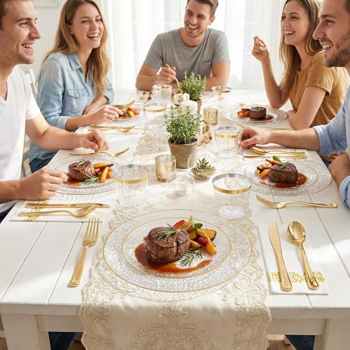 Rubtlamp Clear Gold Hammered Plastic Plates Set - Disposable Dinnerware for Parties