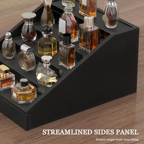 Wooden Cologne Organizer for Men Enhanced 5 Tier Cologne Stand Shelf Perfume Organizer with Velvet Lined Drawer & Hidden Storage Perfume Display Holder for Dresser Nice Gift (Classy Black)