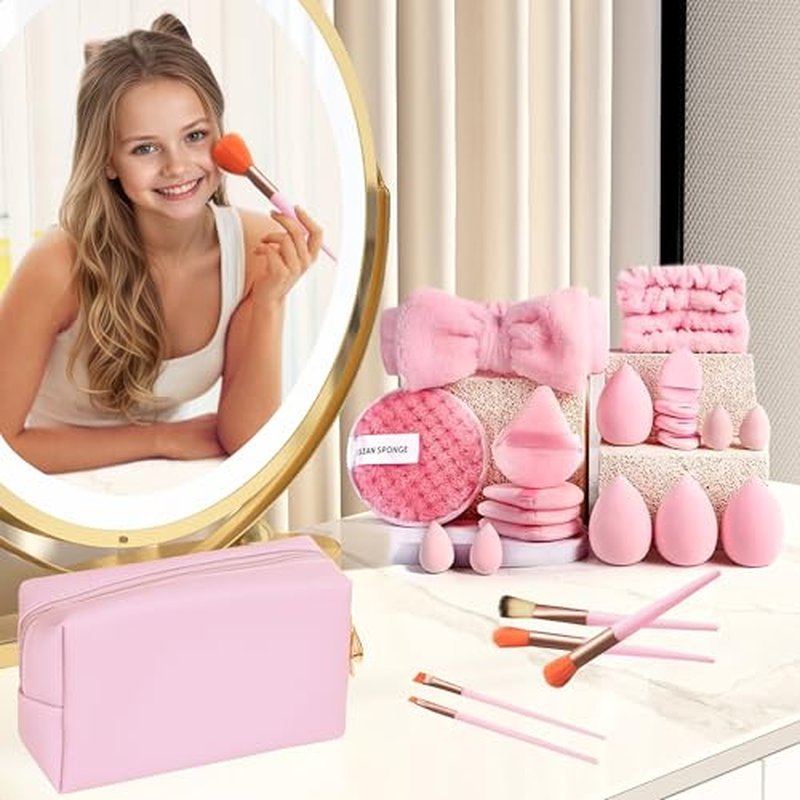 40PCS Trendy Stuff Gifts Set for Teen Girls -Makeup Brushes Set + Blending Sponges + Silk Heatless Curling Set + Jewelry Set & Skincare Headbands | Birthday Gift for Daughter, Niece, Her (Pink)