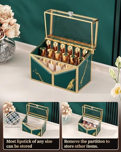CoralHouse Green Glass Lipstick Organizer with Lid - 18 Slots Vanity Storage