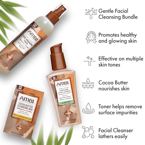 Facial Gift Set with Ambi Dry and Combination Skin Products, Includes Cocoa Butter Cleansing Bar, Pore Minimizing Toner, Complexion Facial Cleanser and Satin Bonnet