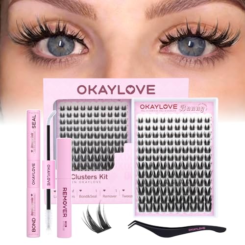 OKAYLOVE Bunny Lash Clusters Kit, 8-18mm Wipsy Lashes Cluster Eyelash Extensions Kit, 120pcs CC Curl Natural Individual Lashes Clear Band Manga Eyelashes Clusters with Bond and Seal, Remover, Tweezers