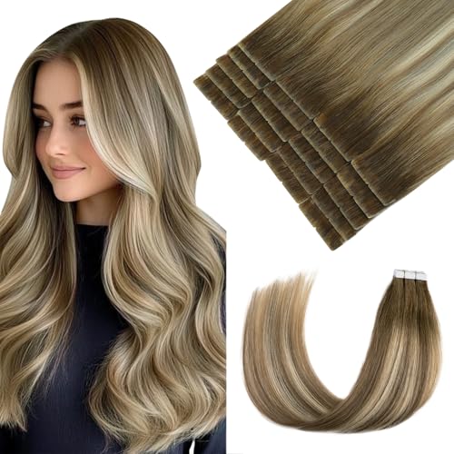Pinkpearl Invisible Tape in Hair Extensions - 20pcs 20 Inch Balayage Walnut to Ash & Blonde
