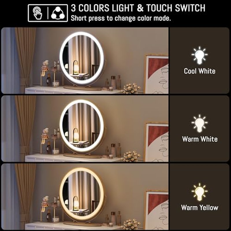 LVSOMT 20" Vanity Makeup Mirror with Lights, 3 Color Lighting Dimmable LED Mirror, Touch Control, 360¡ÆRotation, High-Definition Large Round Lighted Up Mirror for Bedroom Table Desk (Gold)