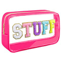 Preppy Patch STUFF Makeup Bag Chenille Letter Cosmetic Bag for Women, Transparent PVC Zipper Patch Bags Organizer Waterproof Portable Travel Makeup Bag for Women Girls Teens(Pink)