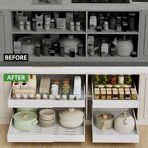 21-Inch Deep Expandable Pull Out Cabinet Organizer Set - White (2 Pack, 21"D x 12-20"W)