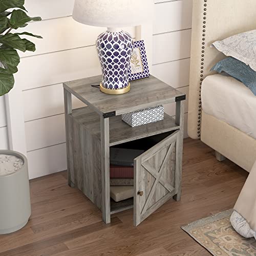 Rustic Grey Farmhouse Nightstand with Charging Station, Storage End Table