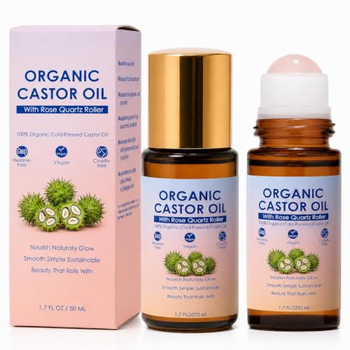 Organic Castor Oil Rose Quartz Roller Ball – 1.7 Fl Oz, Cold Pressed, Hexane-Free, Facial & Skin Care, Anti-Aging, Under Eye Puffiness, Variation 2