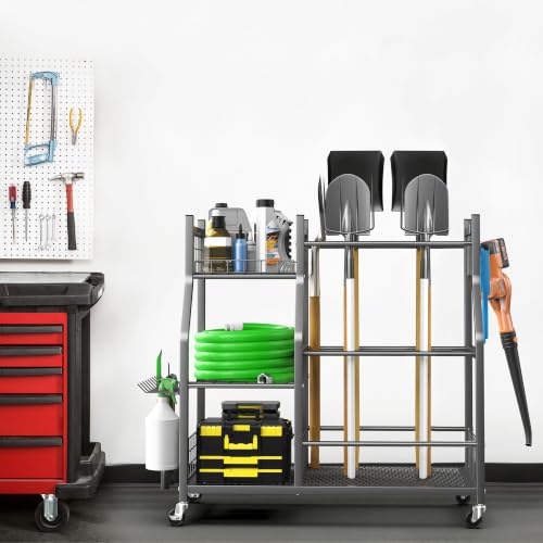 Large Garden Tool Organizer Stand with Wheels - Heavy-Duty Garage Storage